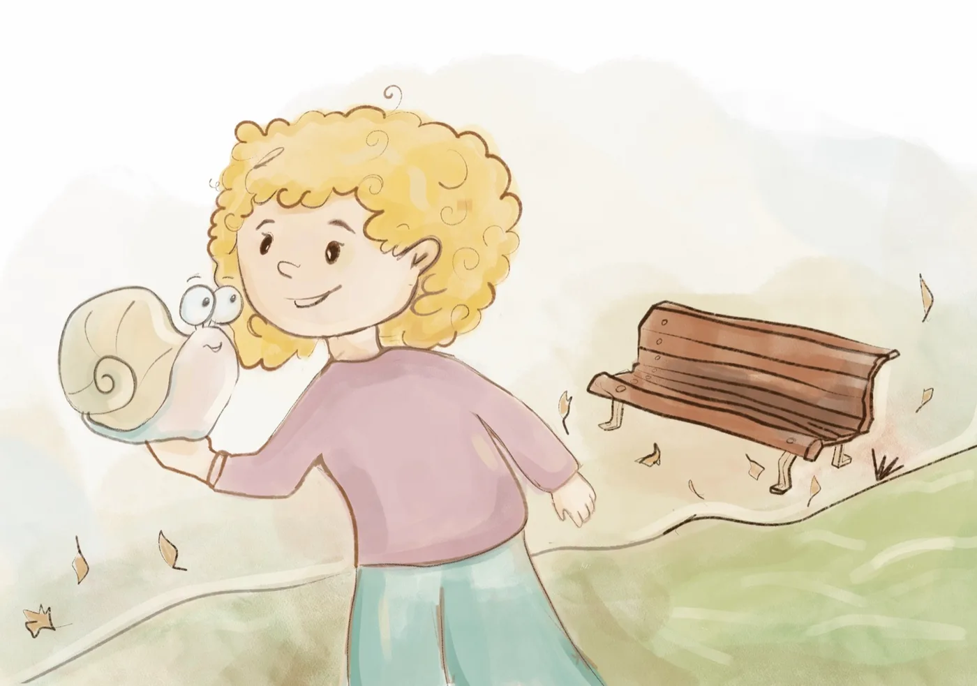A curly-haired girl gently holds a snail up to her face by the autumn bench
