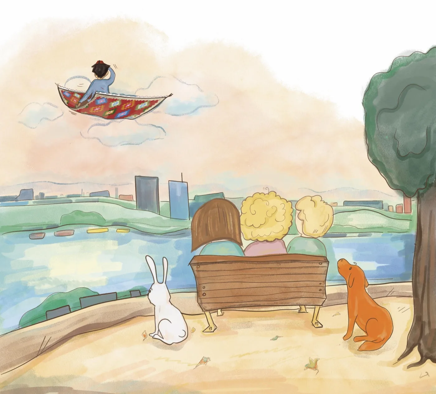 Three children on a bench by the river watch a flying Pirot kilim drift over the Belgrade skyline, a white rabbit and an orange dog beside them