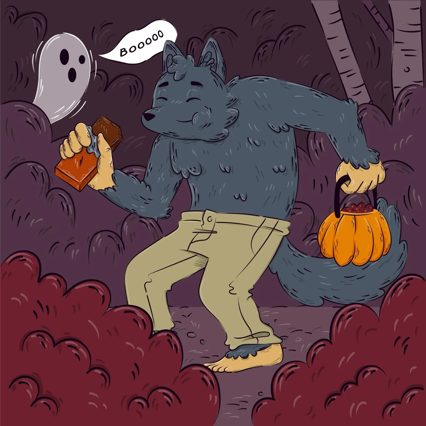 A cartoon werewolf out trick-or-treating with a pumpkin basket while a small ghost says boo