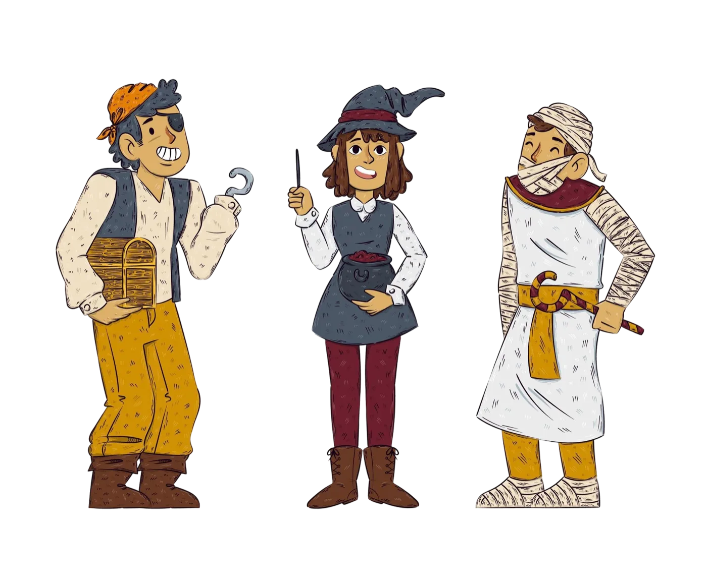 A hand-drawn collection of friendly Halloween characters in costume