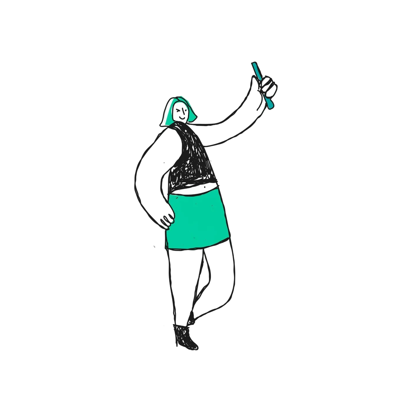 Hand-drawn doodle of a writer holding a pen