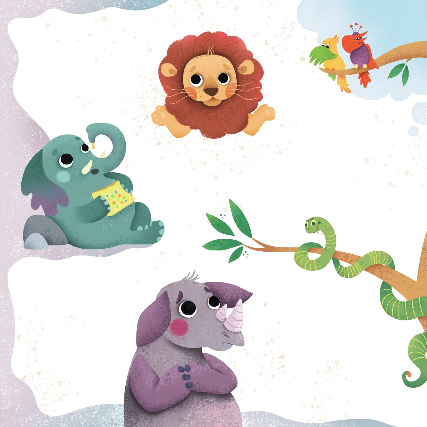 Hand-drawn children’s book characters in soft watercolour — a rhino, a lion, an elephant and friends from Nosorog i mravi