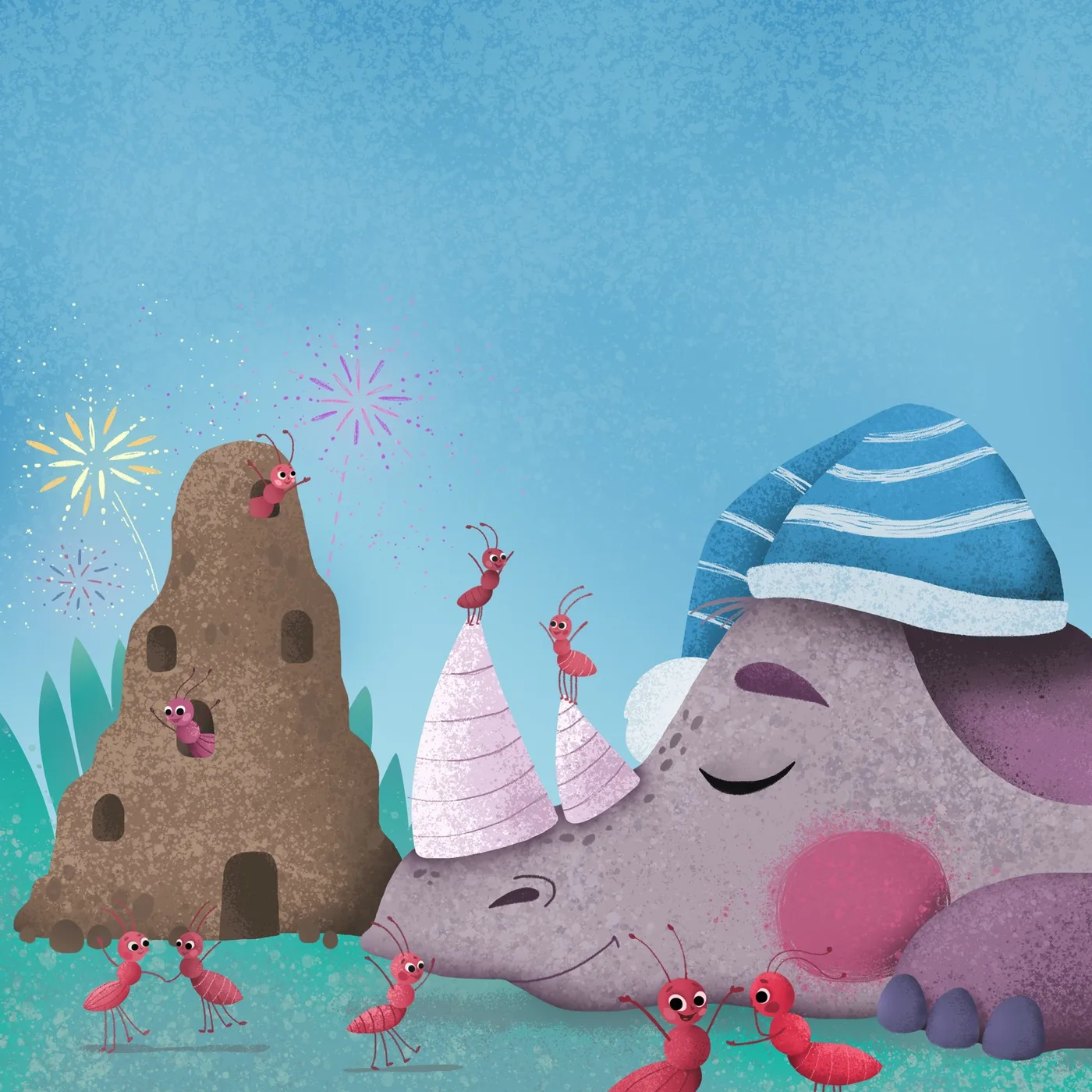 A tender illustrated scene from the children's picture book Nosorog i mravi