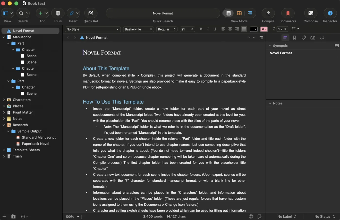 A Scrivener project showing the Binder with Manuscript, Part, Chapter and Scene structure, plus Characters, Places and Research folders, the editor and the Inspector