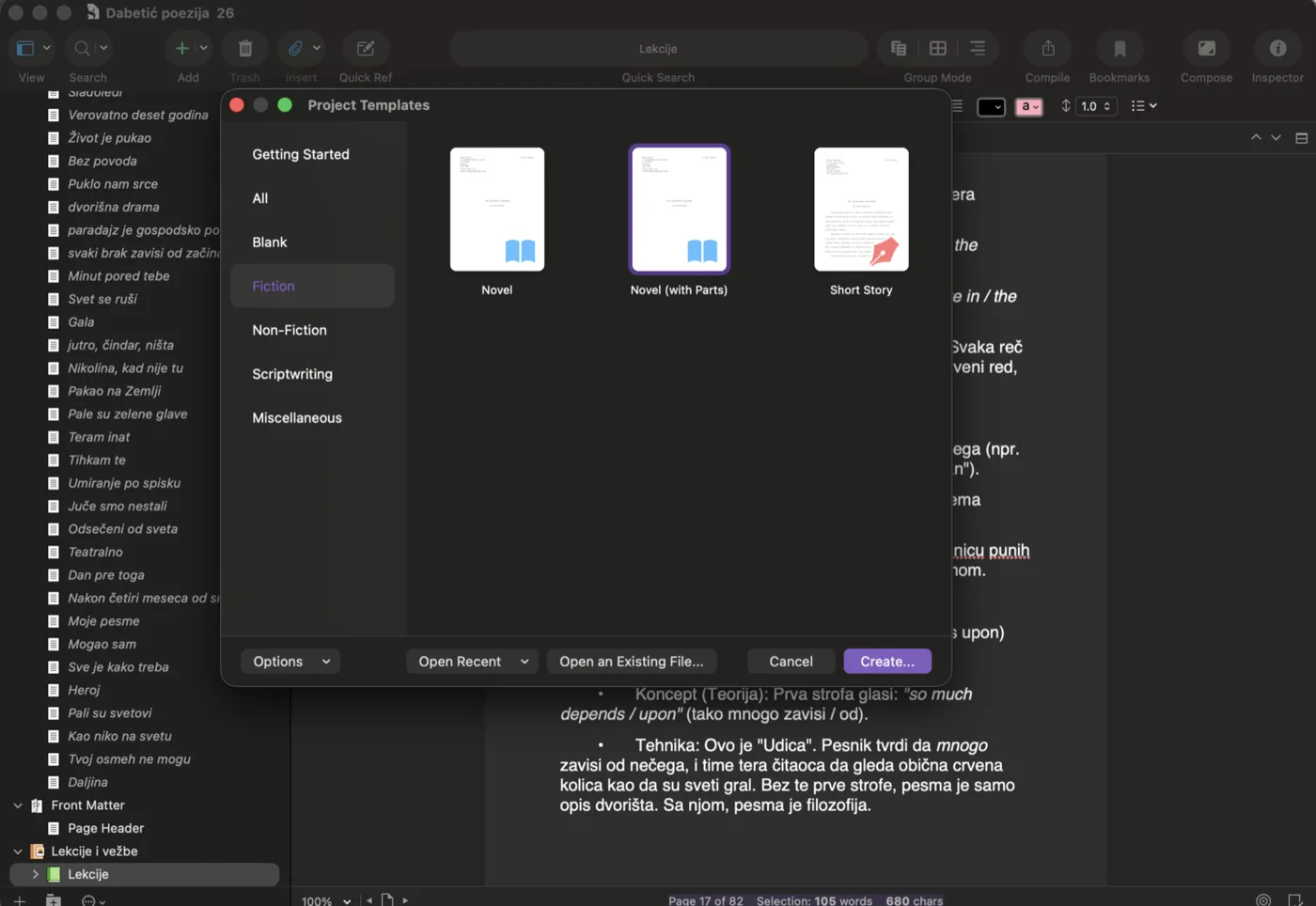 Scrivener’s Project Templates window showing Fiction templates: Novel, Novel with Parts and Short Story