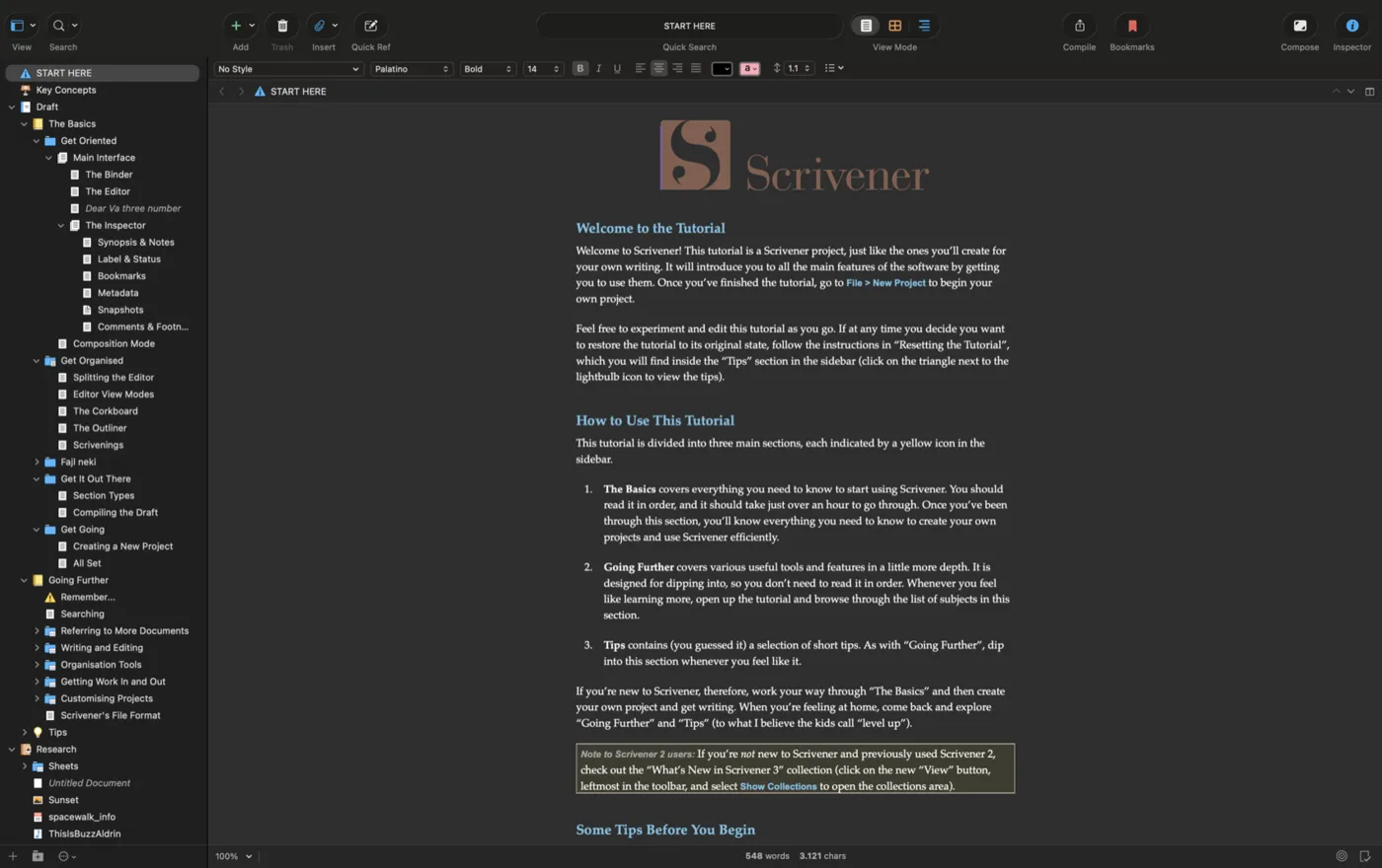 Scrivener’s built-in interactive tutorial project open in dark mode, its binder listing lessons on the interface, the inspector, the outliner, the corkboard and compiling
