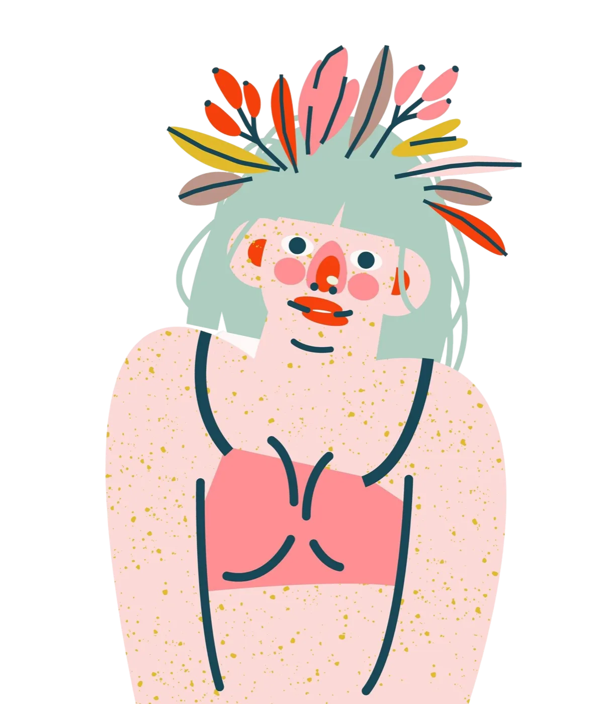 A warm illustration of a girl in a swimsuit with a flower wreath, enjoying summer